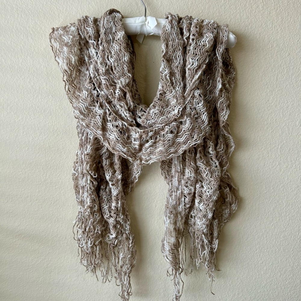 Cream and Tan Scarf Crochet Looseweave Fringe Soft 18" wide x 80" long - Picture 6 of 16